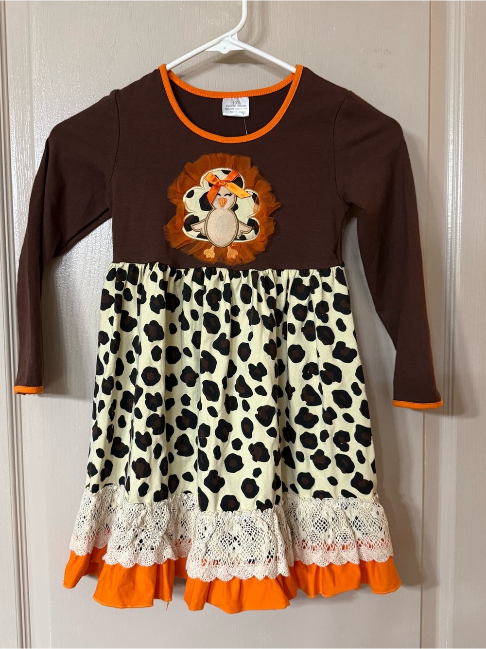 Brown and Orange Turkey Applique Leopard-Print Girls' Dress